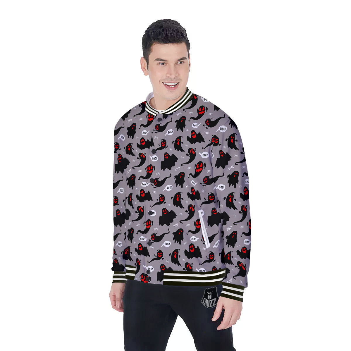 Boo Ghost Print Pattern Baseball Jacket-grizzshop