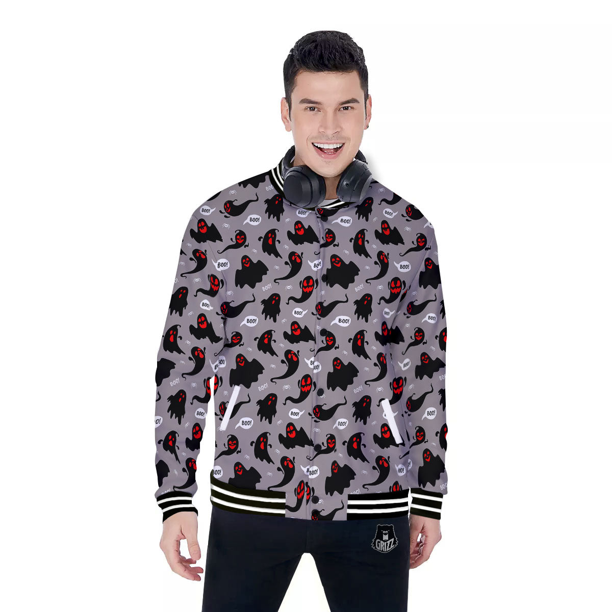 Boo Ghost Print Pattern Baseball Jacket-grizzshop