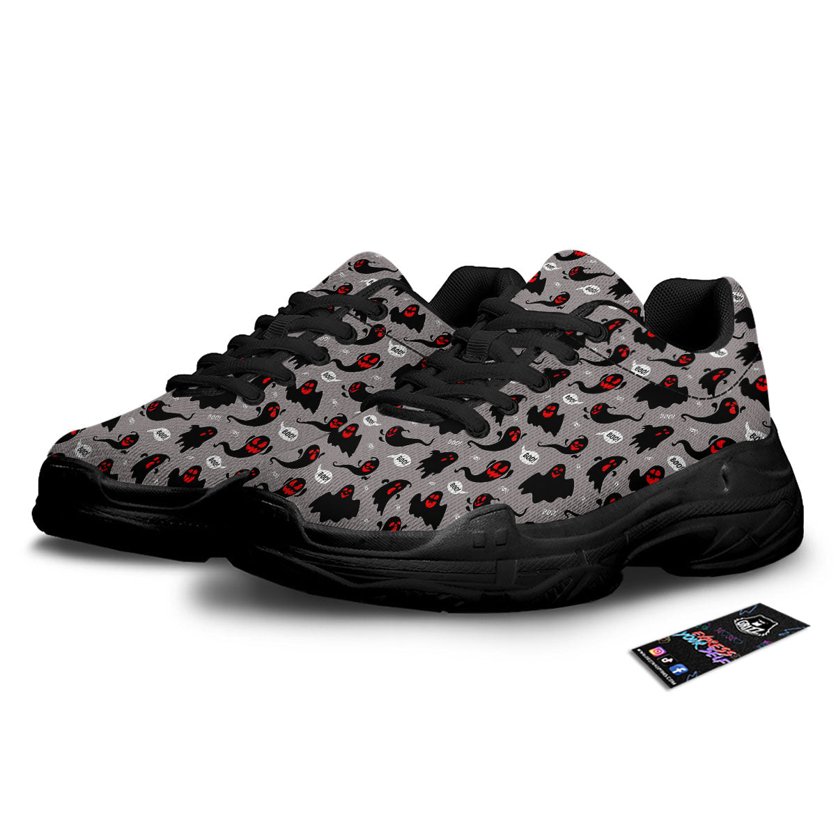 Boo Ghost Print Pattern Black Chunky Shoes-grizzshop