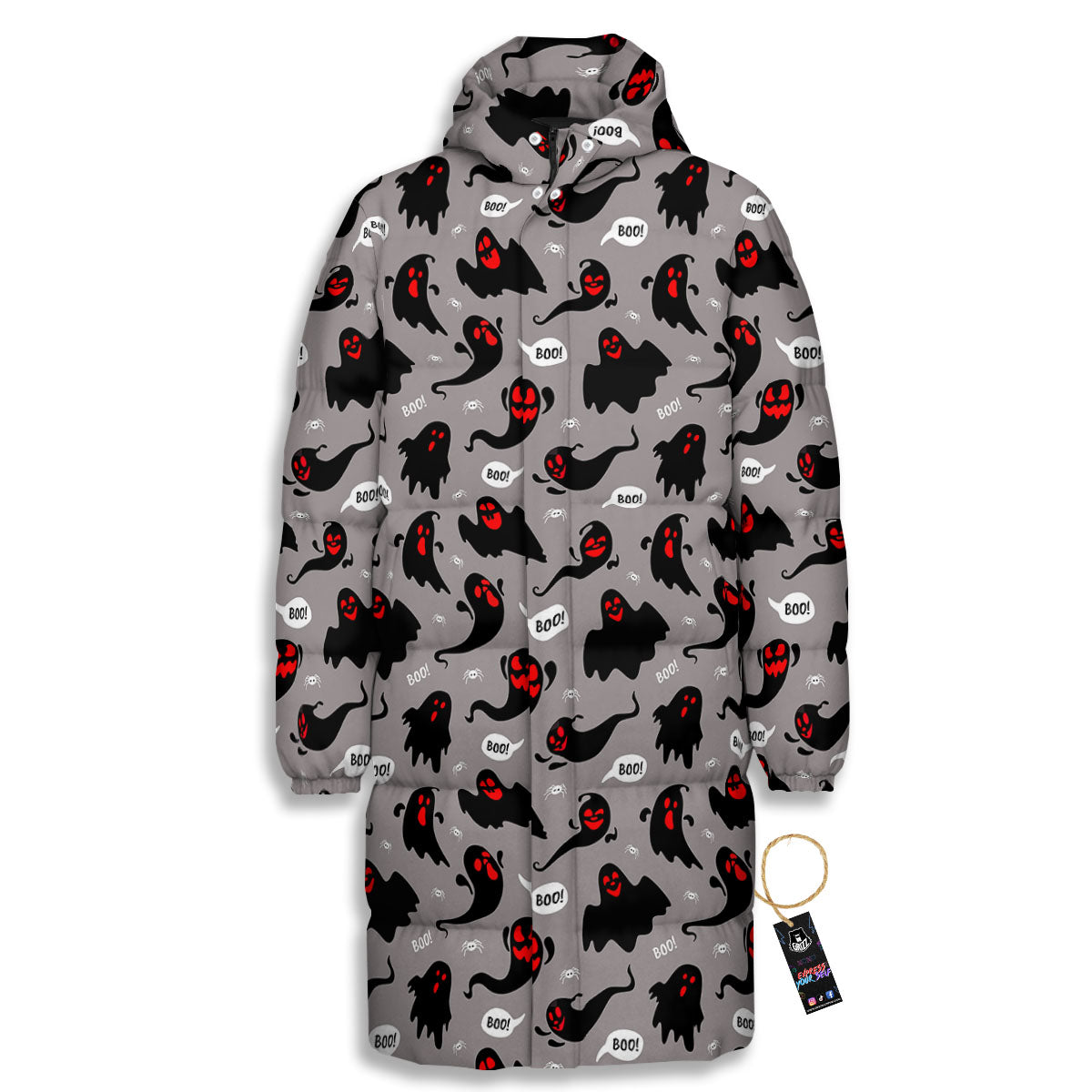 Boo Ghost Print Pattern Long Down Jacket-grizzshop