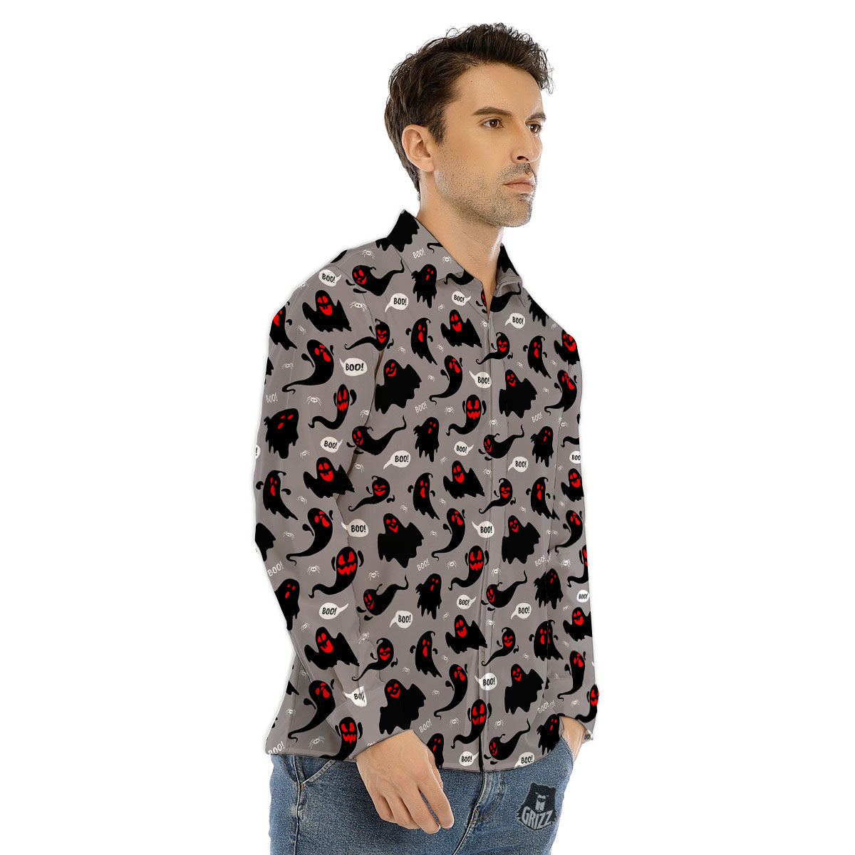 Boo Ghost Print Pattern Men's Dress Shirts-grizzshop