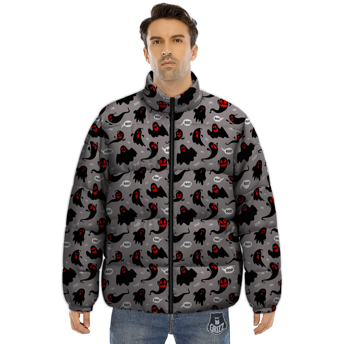 Boo Ghost Print Pattern Puffer Jacket-grizzshop