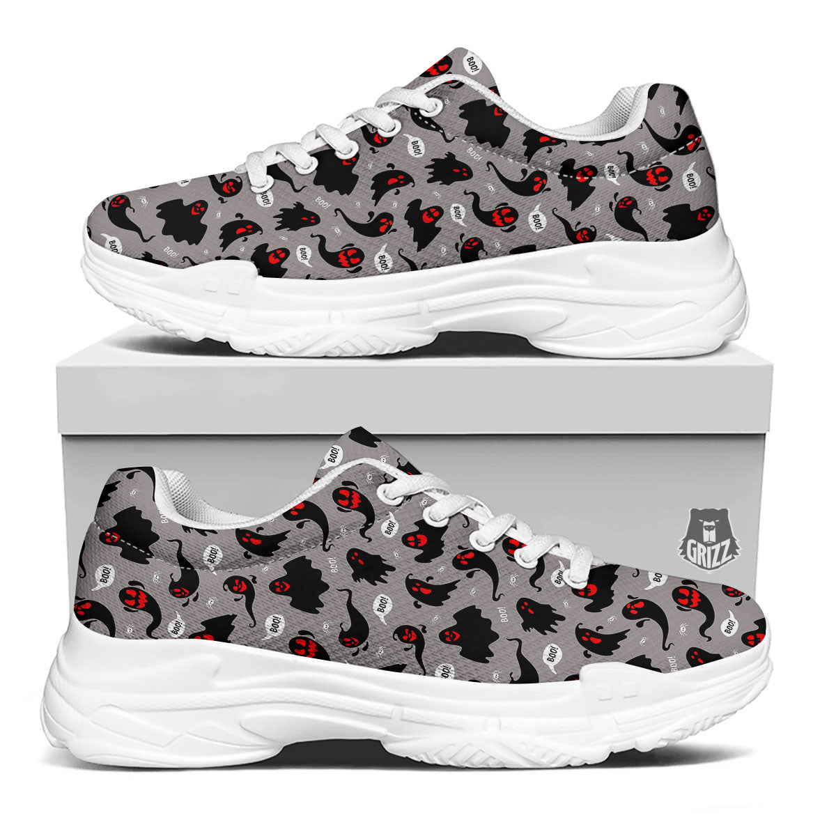 Boo Ghost Print Pattern White Chunky Shoes-grizzshop