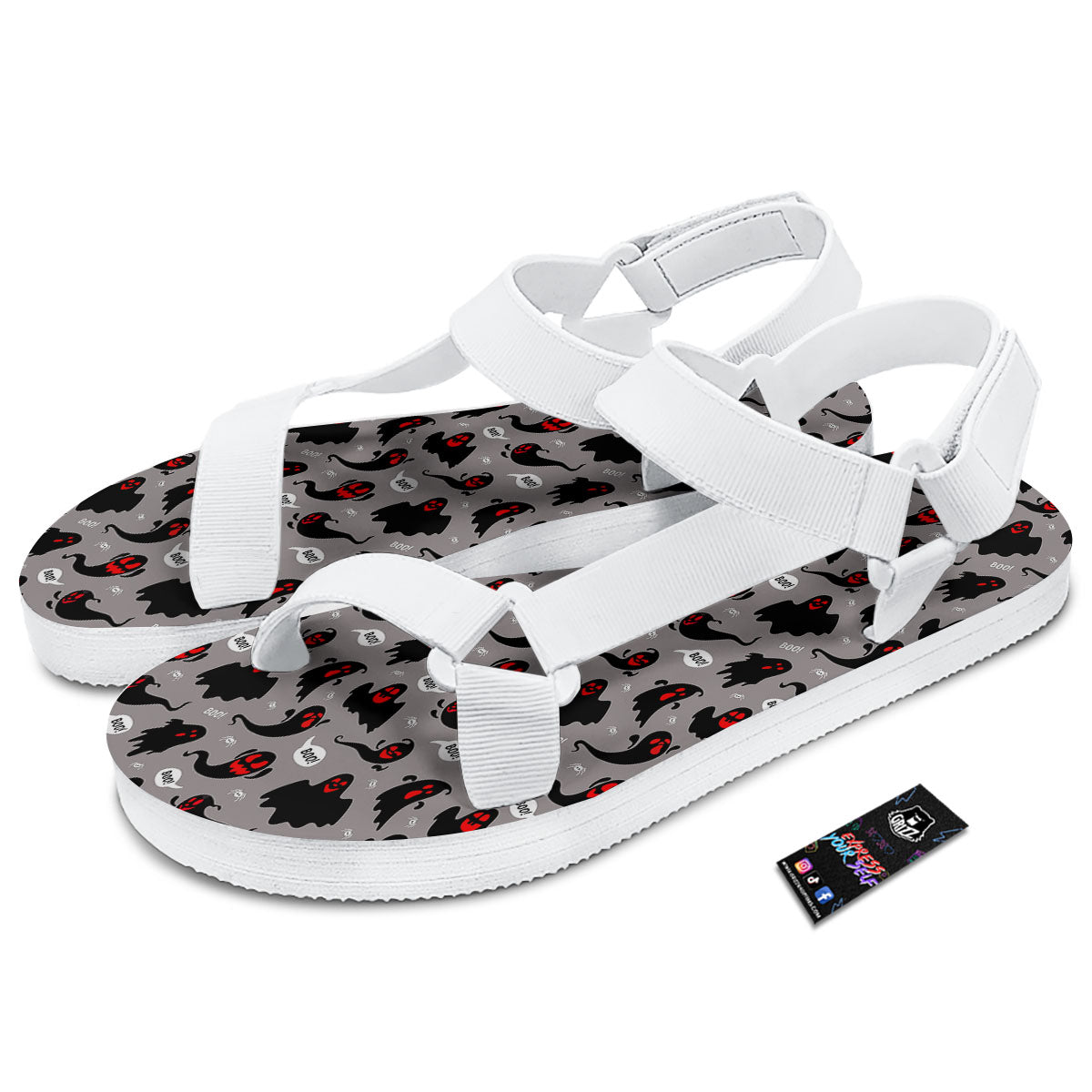 Boo Ghost Print Pattern White Open Toe Sandals-grizzshop