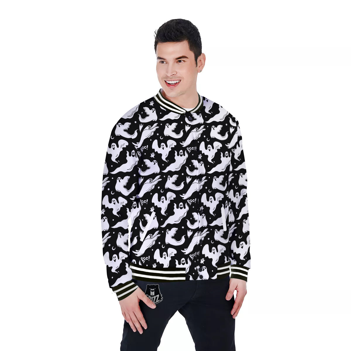 Boo Scary Ghost Print Pattern Baseball Jacket-grizzshop