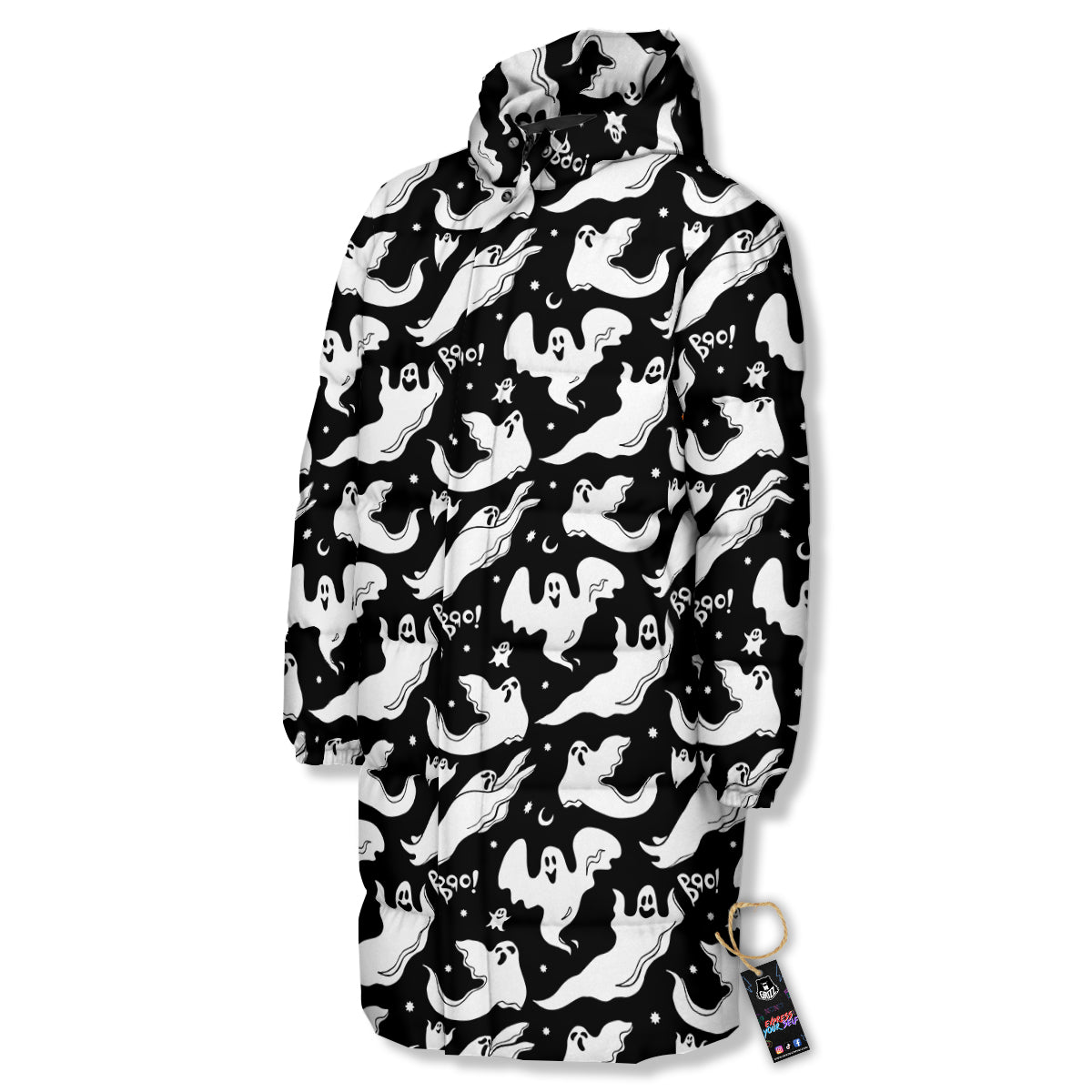 Boo Scary Ghost Print Pattern Long Down Jacket-grizzshop