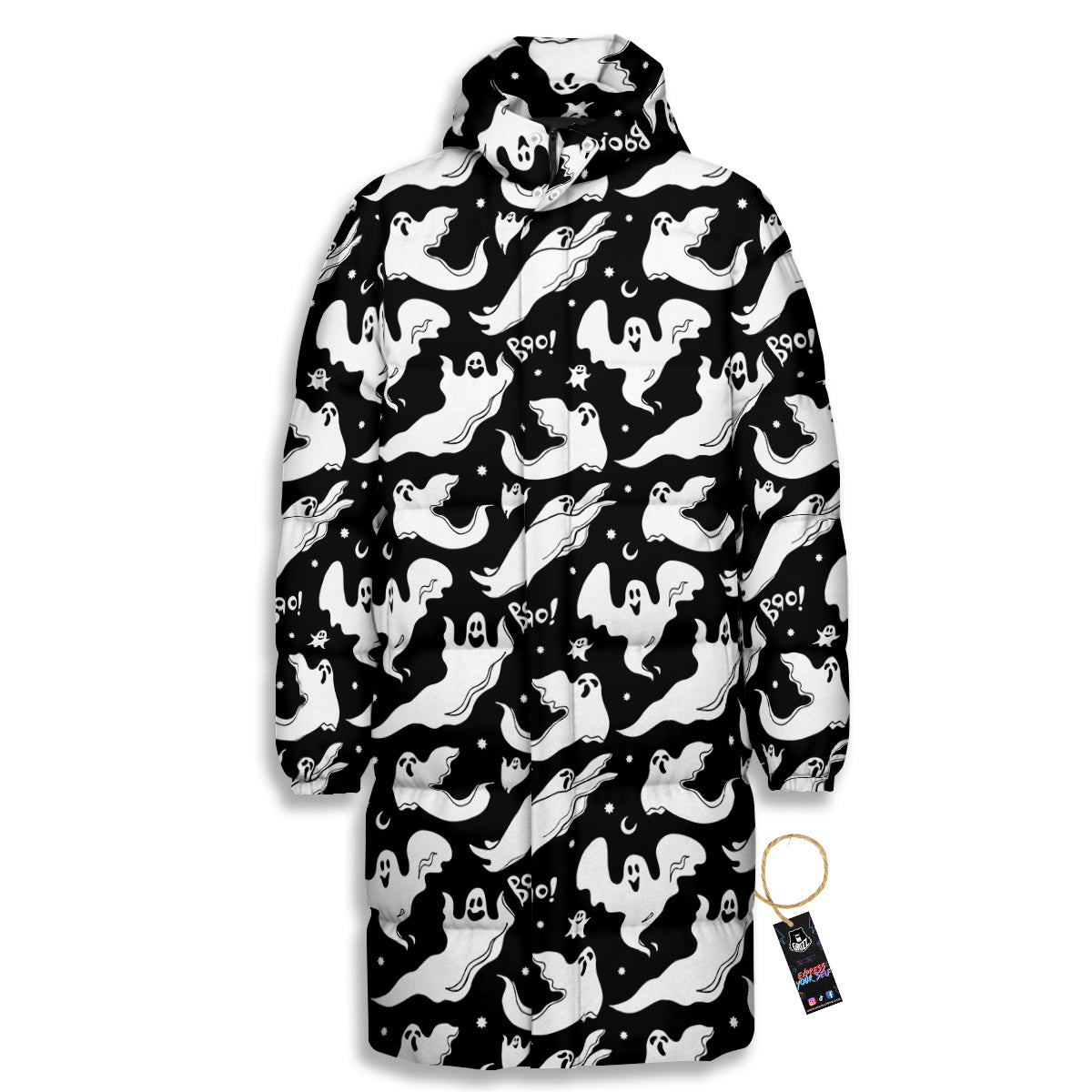 Boo Scary Ghost Print Pattern Long Down Jacket-grizzshop