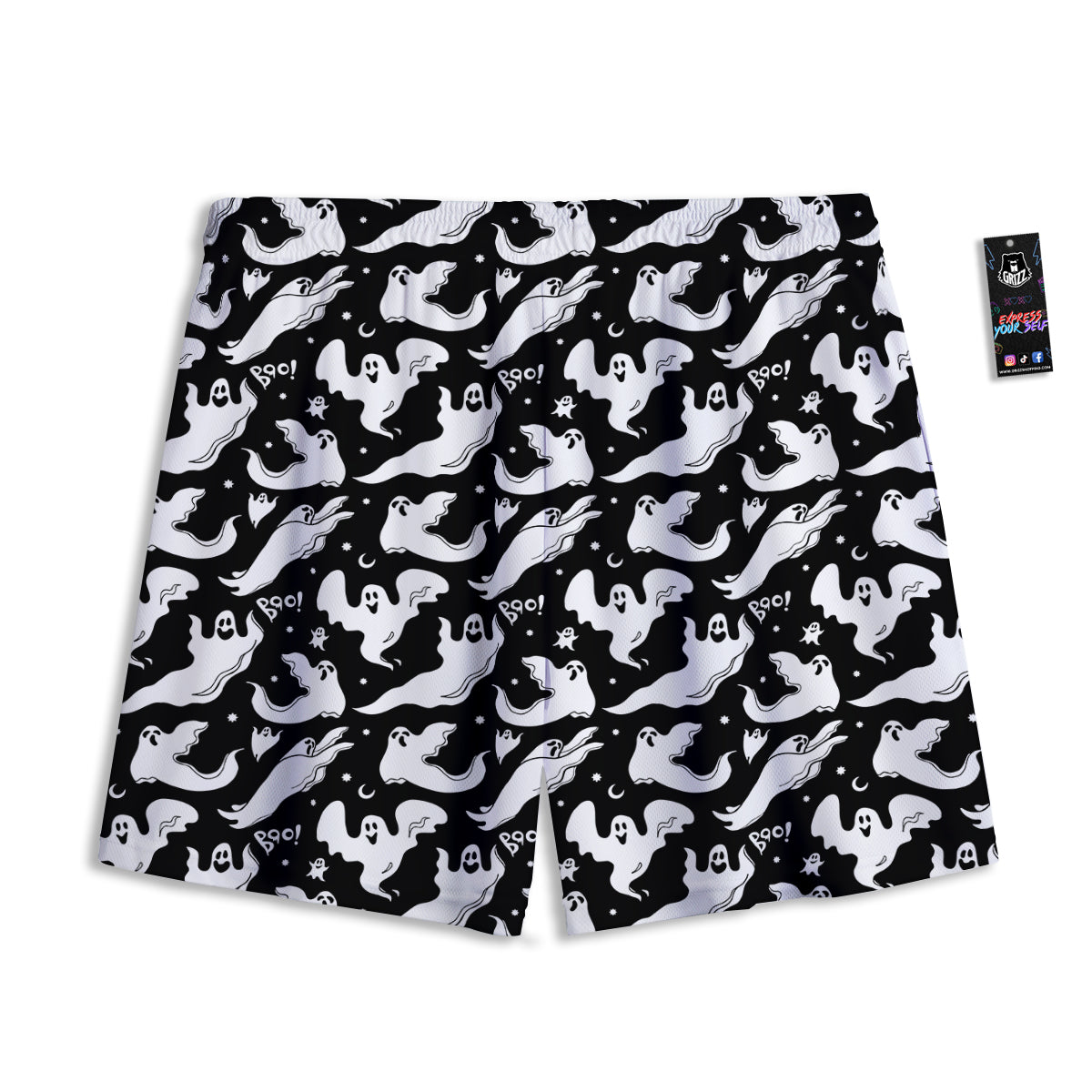 Boo Scary Ghost Print Pattern Mesh Shorts-grizzshop