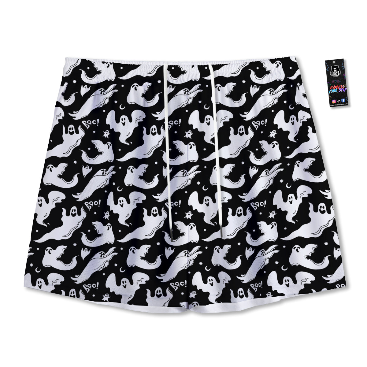 Boo Scary Ghost Print Pattern Mesh Shorts-grizzshop