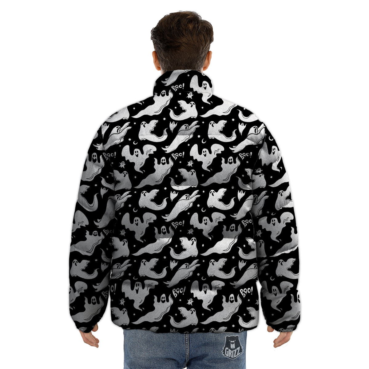 Boo Scary Ghost Print Pattern Puffer Jacket-grizzshop