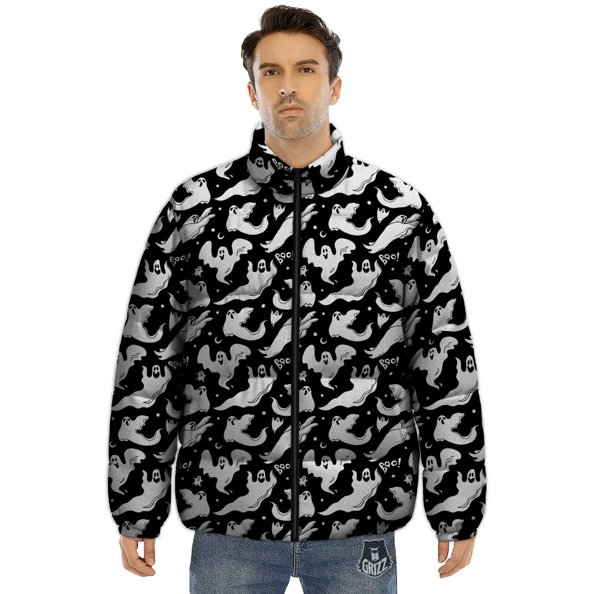 Boo Scary Ghost Print Pattern Puffer Jacket-grizzshop