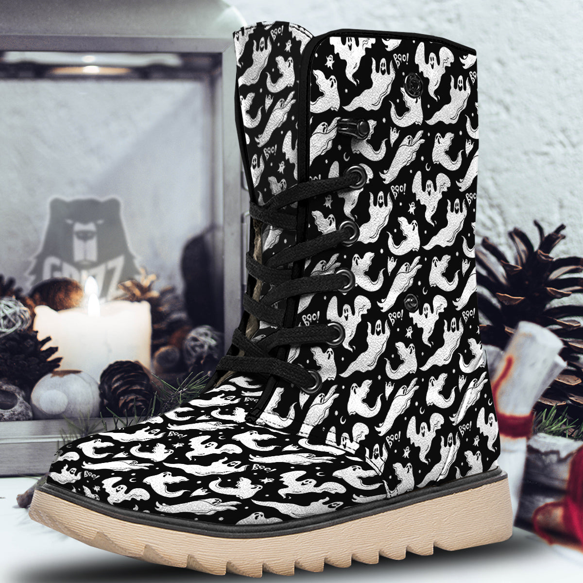 Boo Scary Ghost Print Pattern Snow Boots-grizzshop
