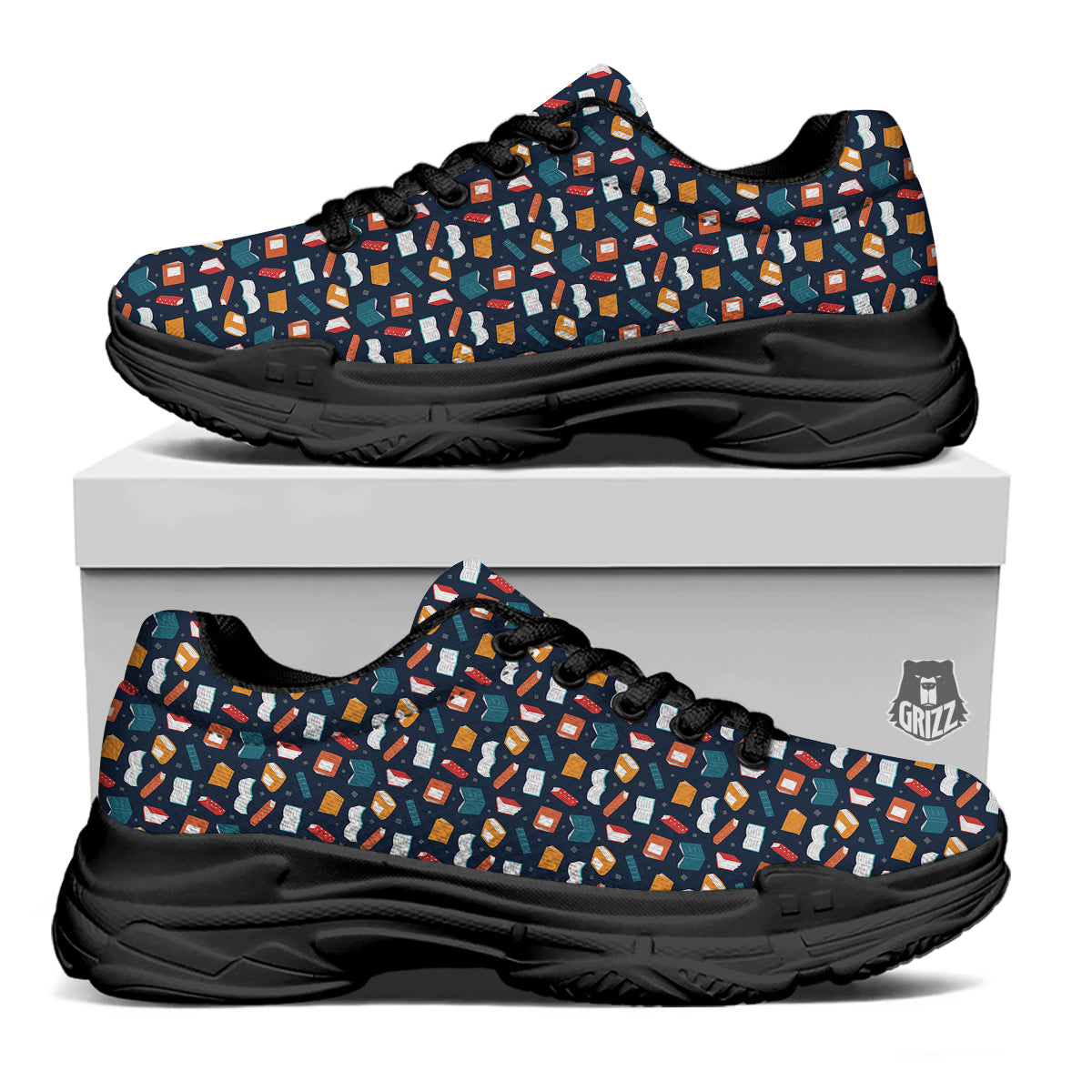 Books Colorful Print Pattern Black Chunky Shoes-grizzshop