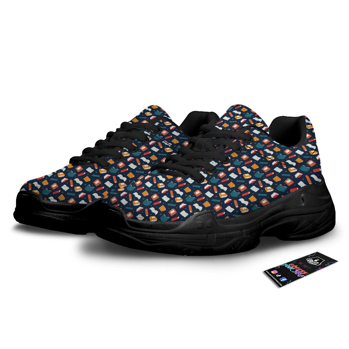 Books Colorful Print Pattern Black Chunky Shoes-grizzshop