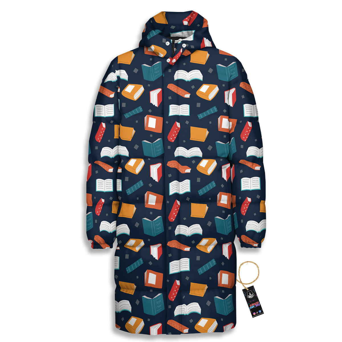 Books Colorful Print Pattern Long Down Jacket-grizzshop