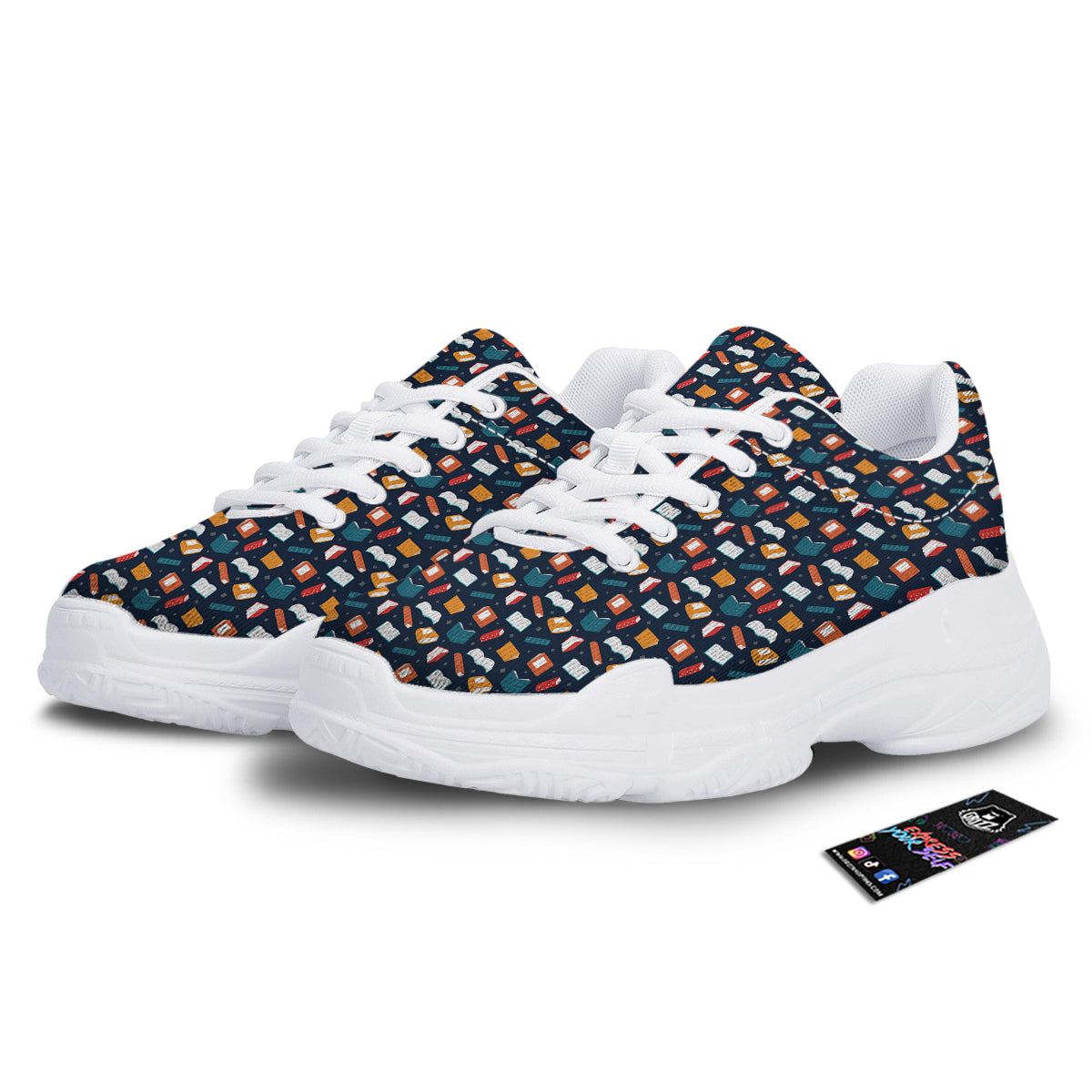 Books Colorful Print Pattern White Chunky Shoes-grizzshop