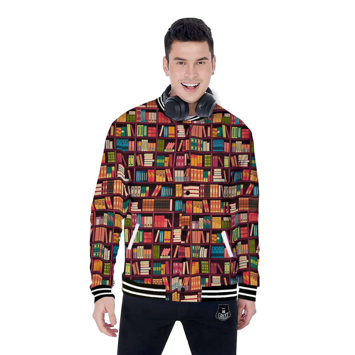 Bookshelf Vintage Print Pattern Baseball Jacket-grizzshop
