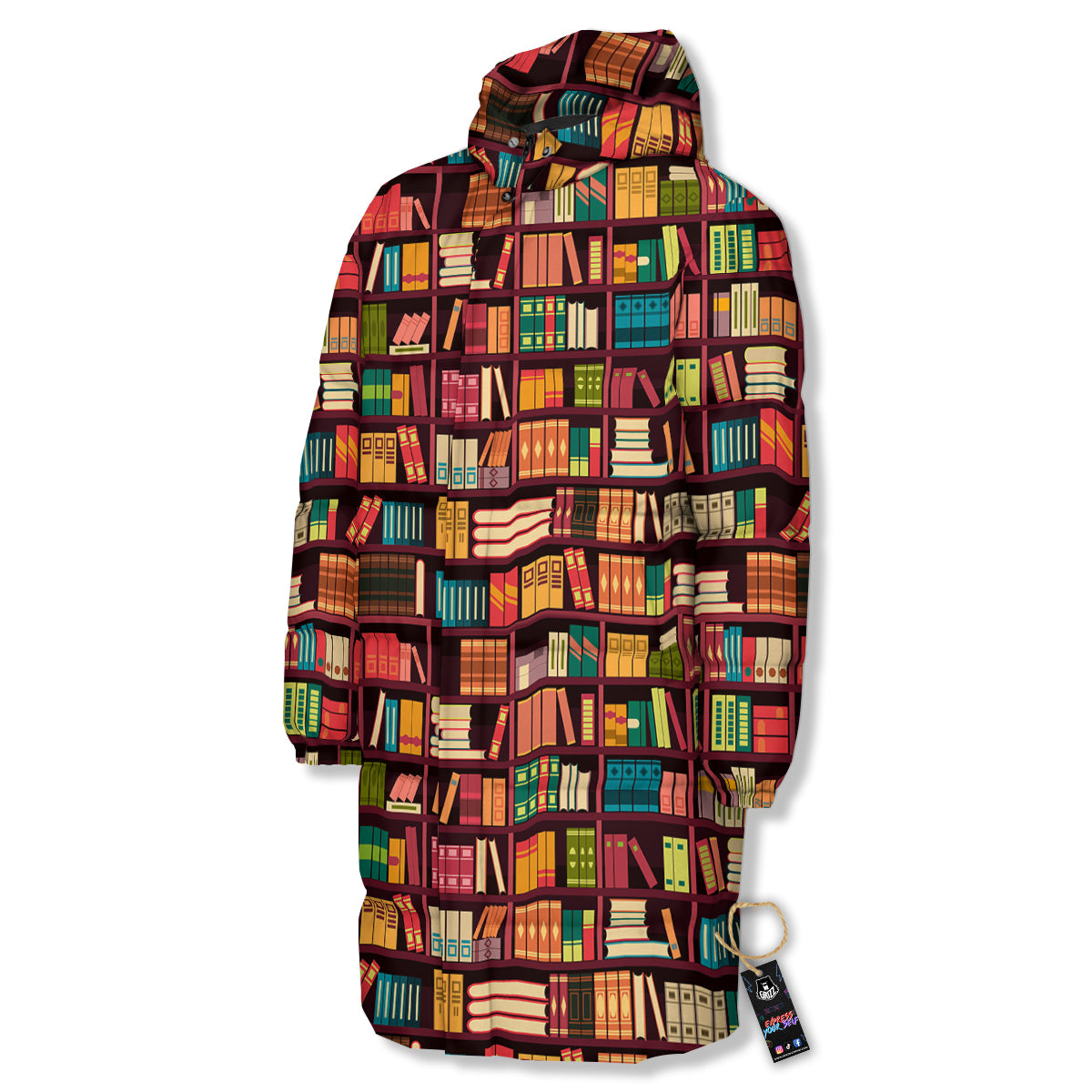 Bookshelf Vintage Print Pattern Long Down Jacket-grizzshop