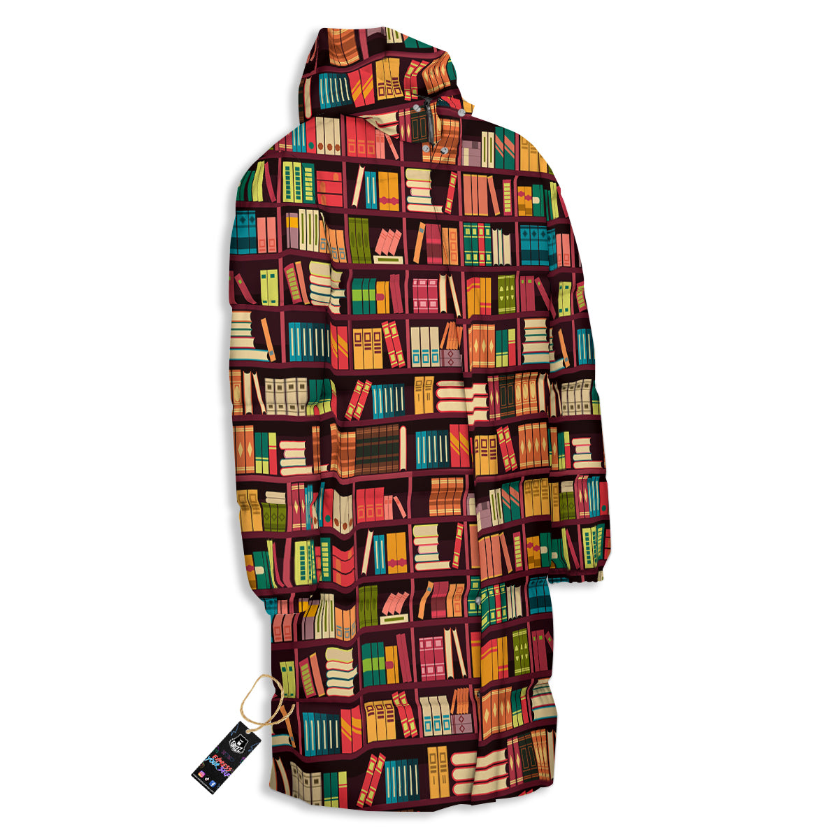 Bookshelf Vintage Print Pattern Long Down Jacket-grizzshop