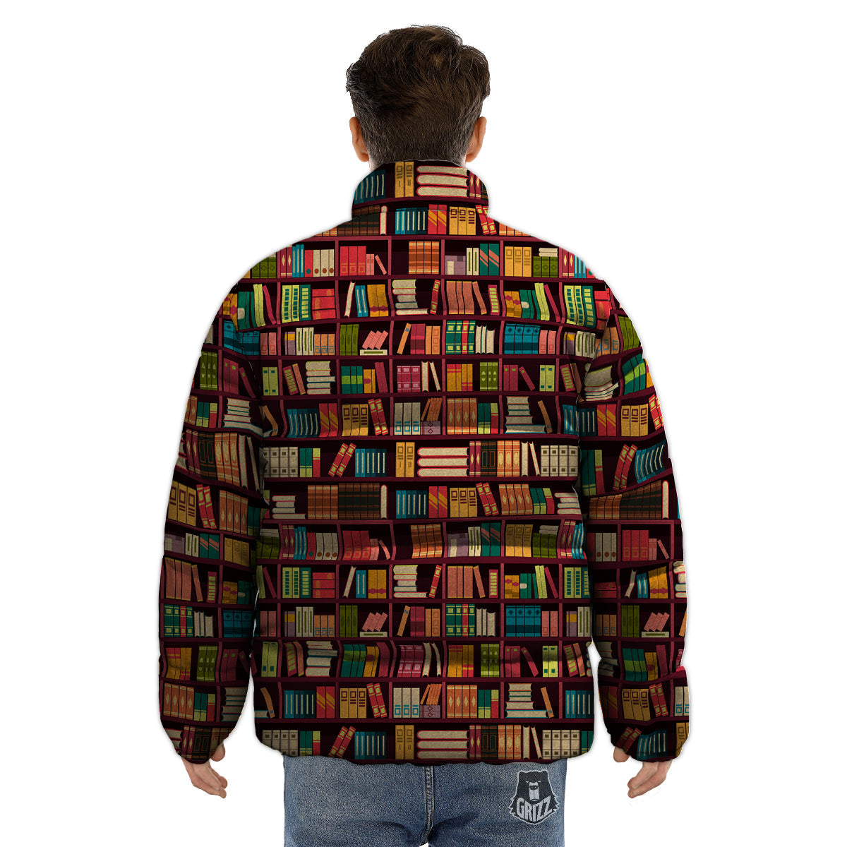 Bookshelf Vintage Print Pattern Puffer Jacket-grizzshop