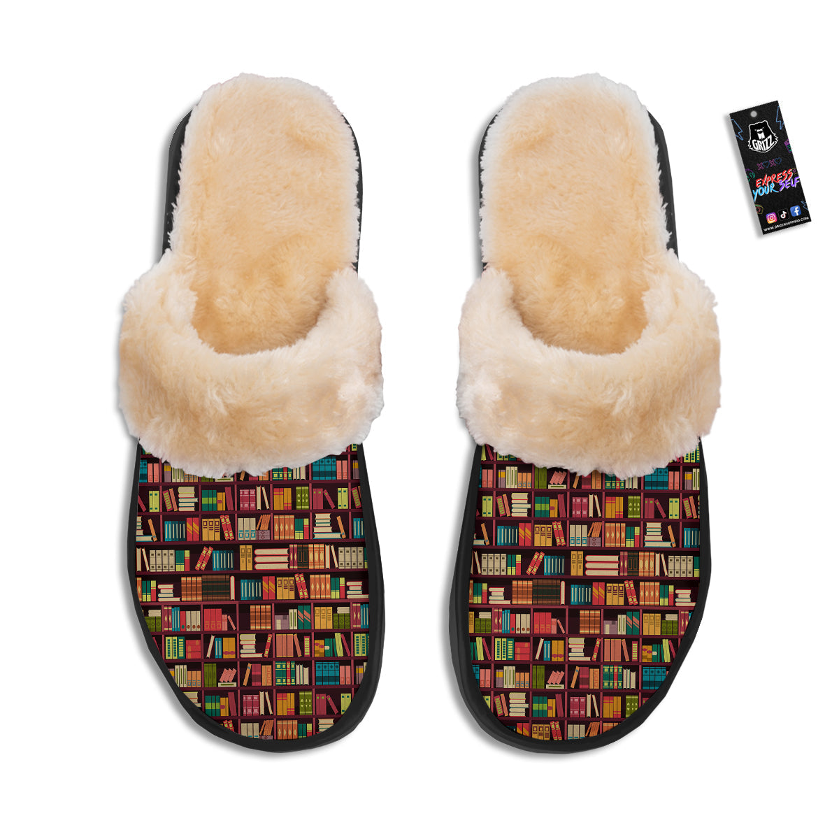 Bookshelf Vintage Print Pattern Slippers-grizzshop