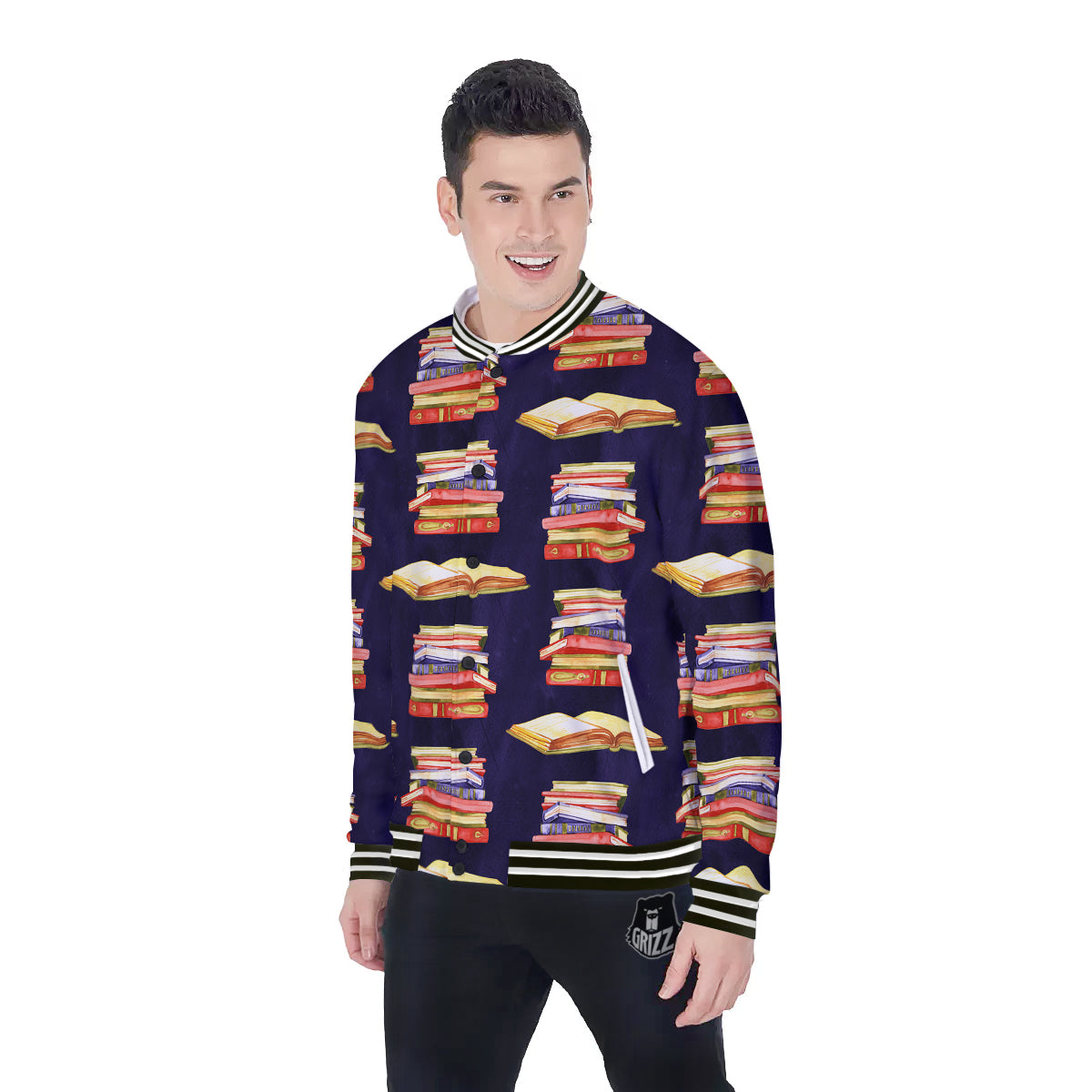 Bookshelf Watercolor Print Pattern Baseball Jacket-grizzshop