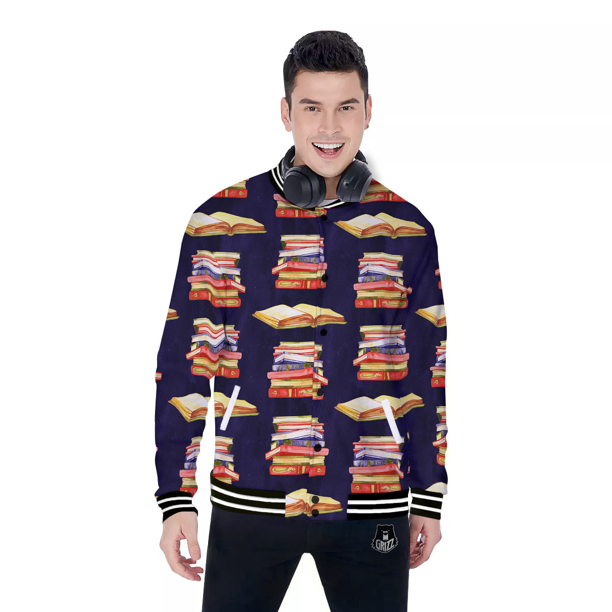 Bookshelf Watercolor Print Pattern Baseball Jacket-grizzshop