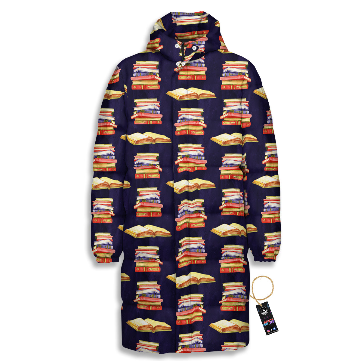 Bookshelf Watercolor Print Pattern Long Down Jacket-grizzshop