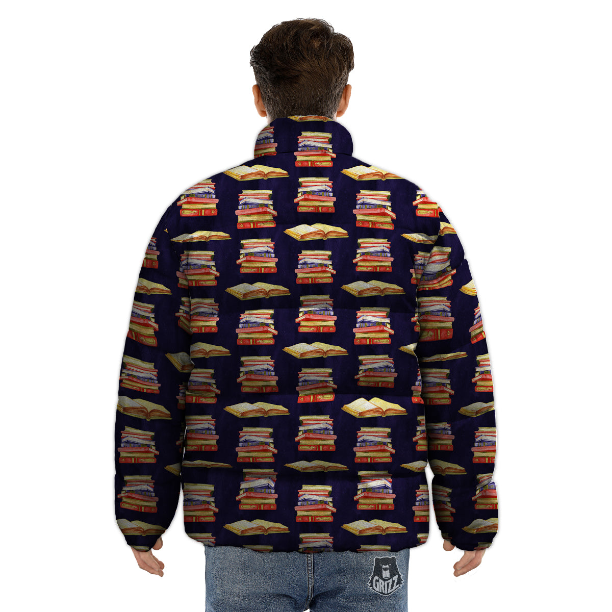 Bookshelf Watercolor Print Pattern Puffer Jacket-grizzshop