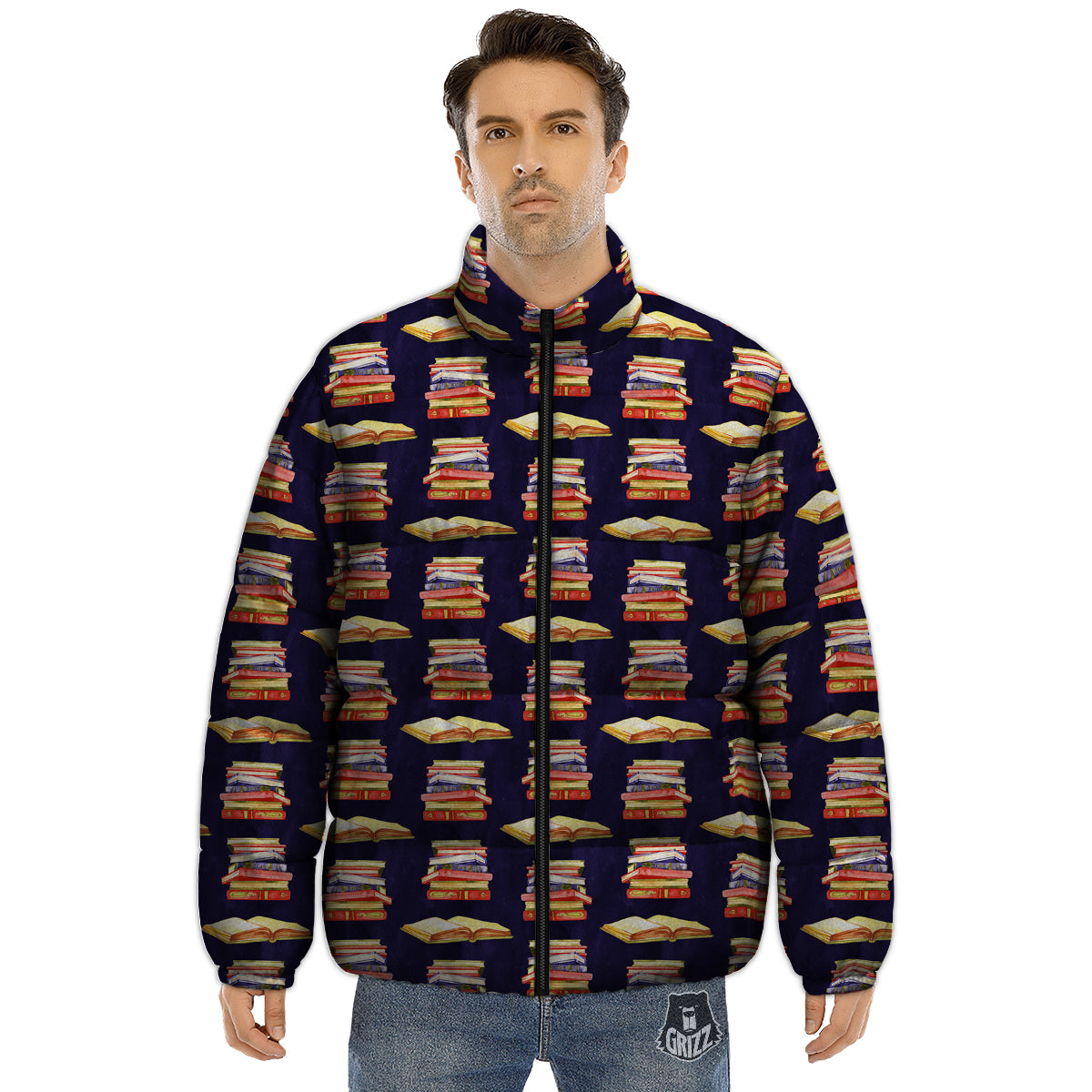 Bookshelf Watercolor Print Pattern Puffer Jacket-grizzshop