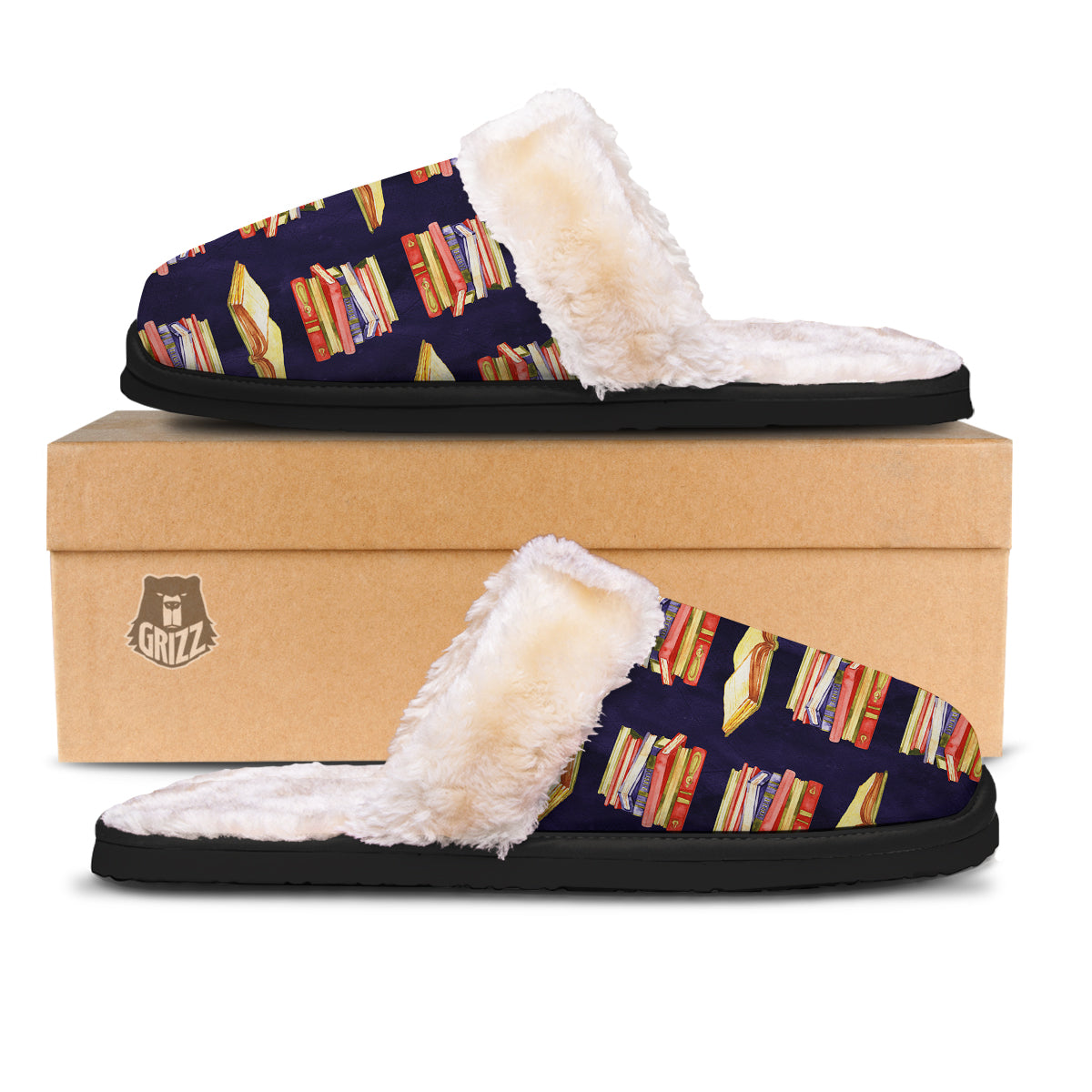 Bookshelf Watercolor Print Pattern Slippers-grizzshop