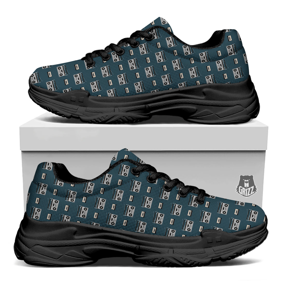Boombox And Cassette Tape Print Pattern Black Chunky Shoes-grizzshop