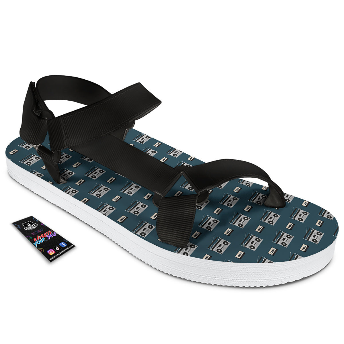 Boombox And Cassette Tape Print Pattern Black Open Toe Sandals-grizzshop