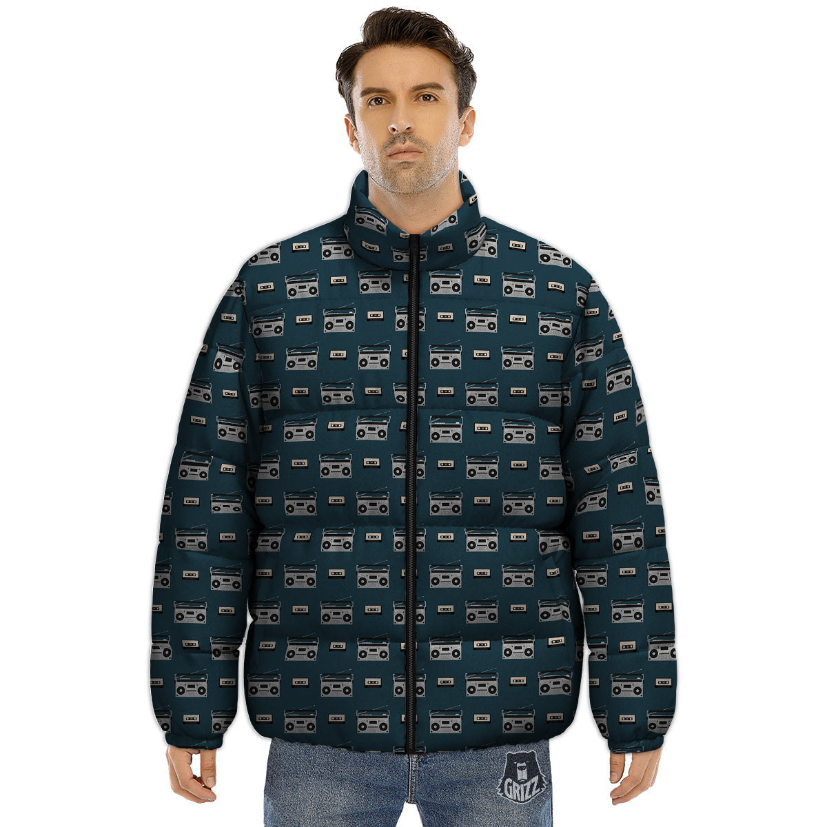 Boombox And Cassette Tape Print Pattern Puffer Jacket-grizzshop