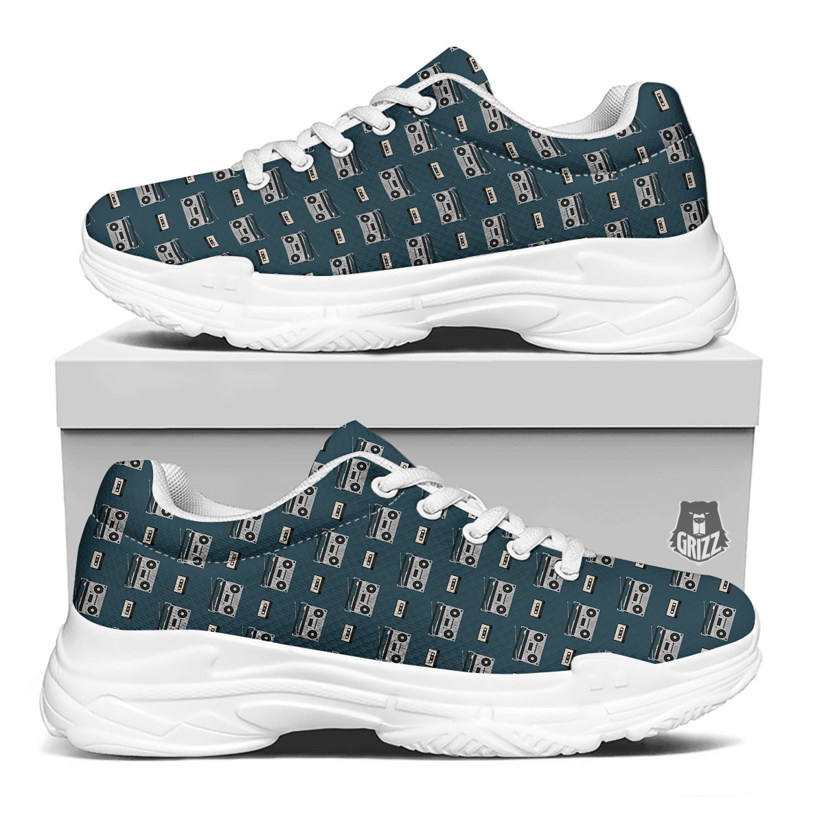 Boombox And Cassette Tape Print Pattern White Chunky Shoes-grizzshop