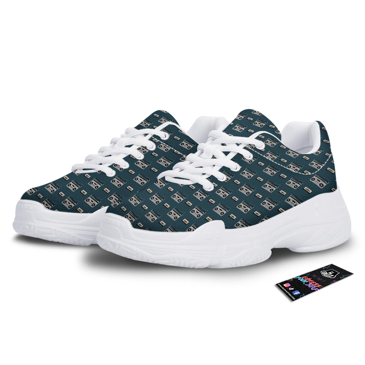 Boombox And Cassette Tape Print Pattern White Chunky Shoes-grizzshop