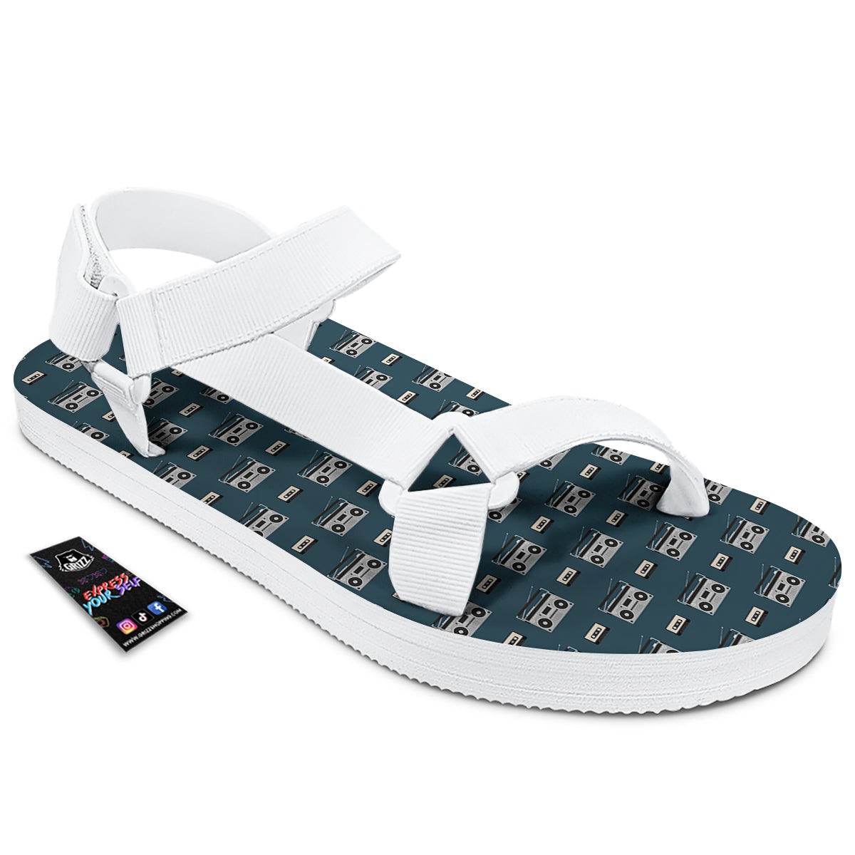 Boombox And Cassette Tape Print Pattern White Open Toe Sandals-grizzshop