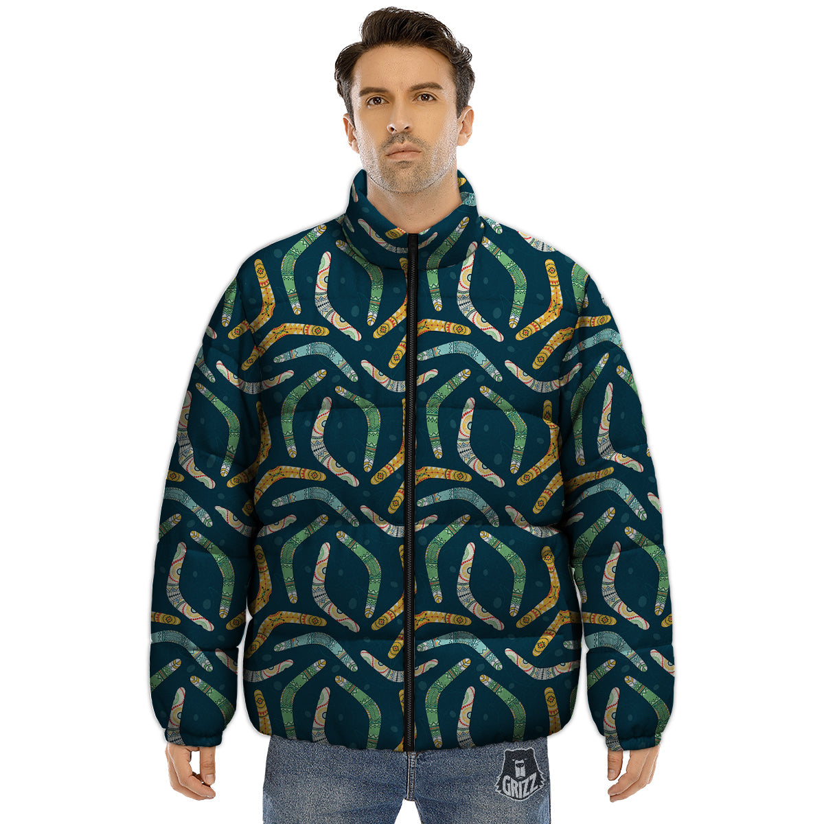Boomerang Australian Print Pattern Puffer Jacket-grizzshop