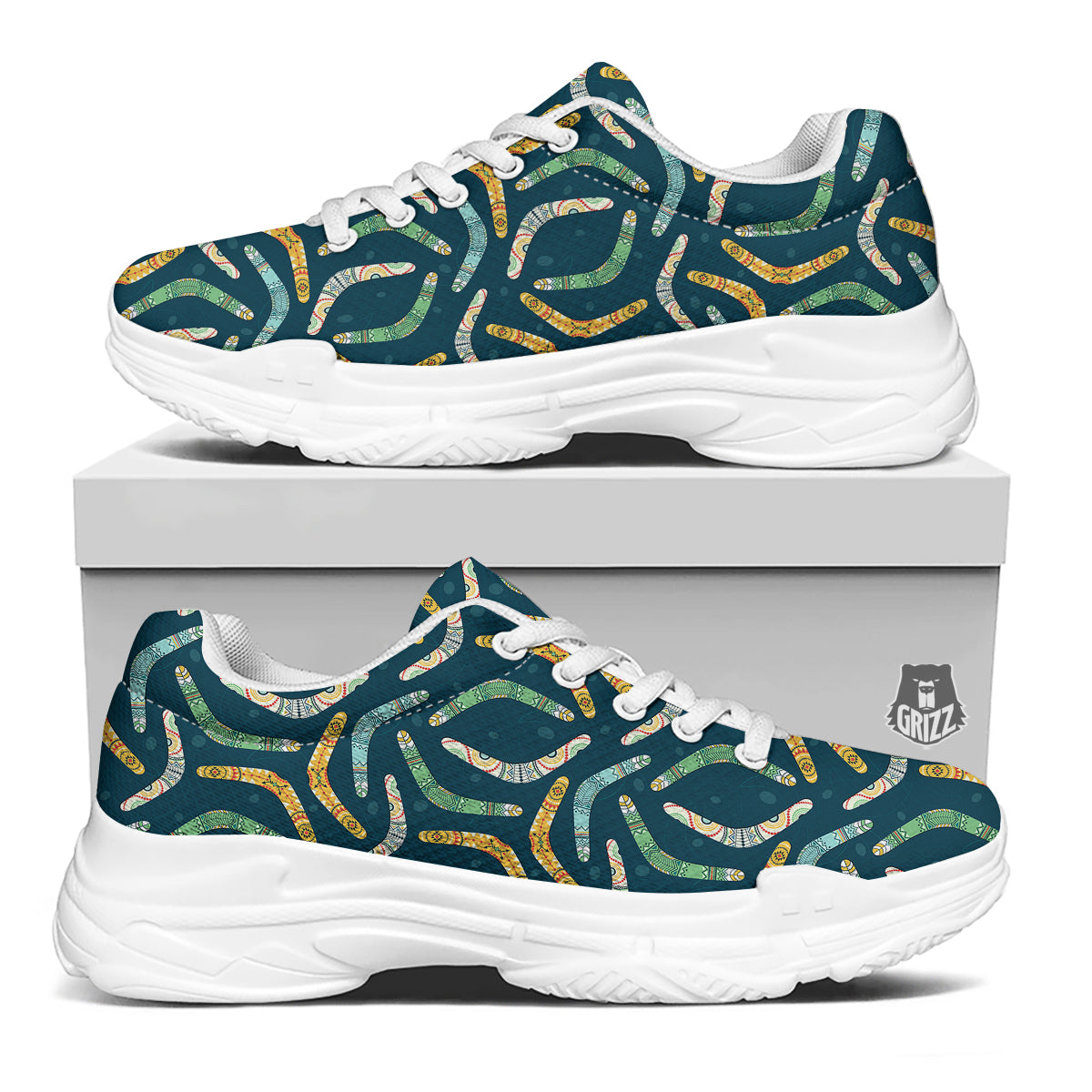 Boomerang Australian Print Pattern White Chunky Shoes-grizzshop