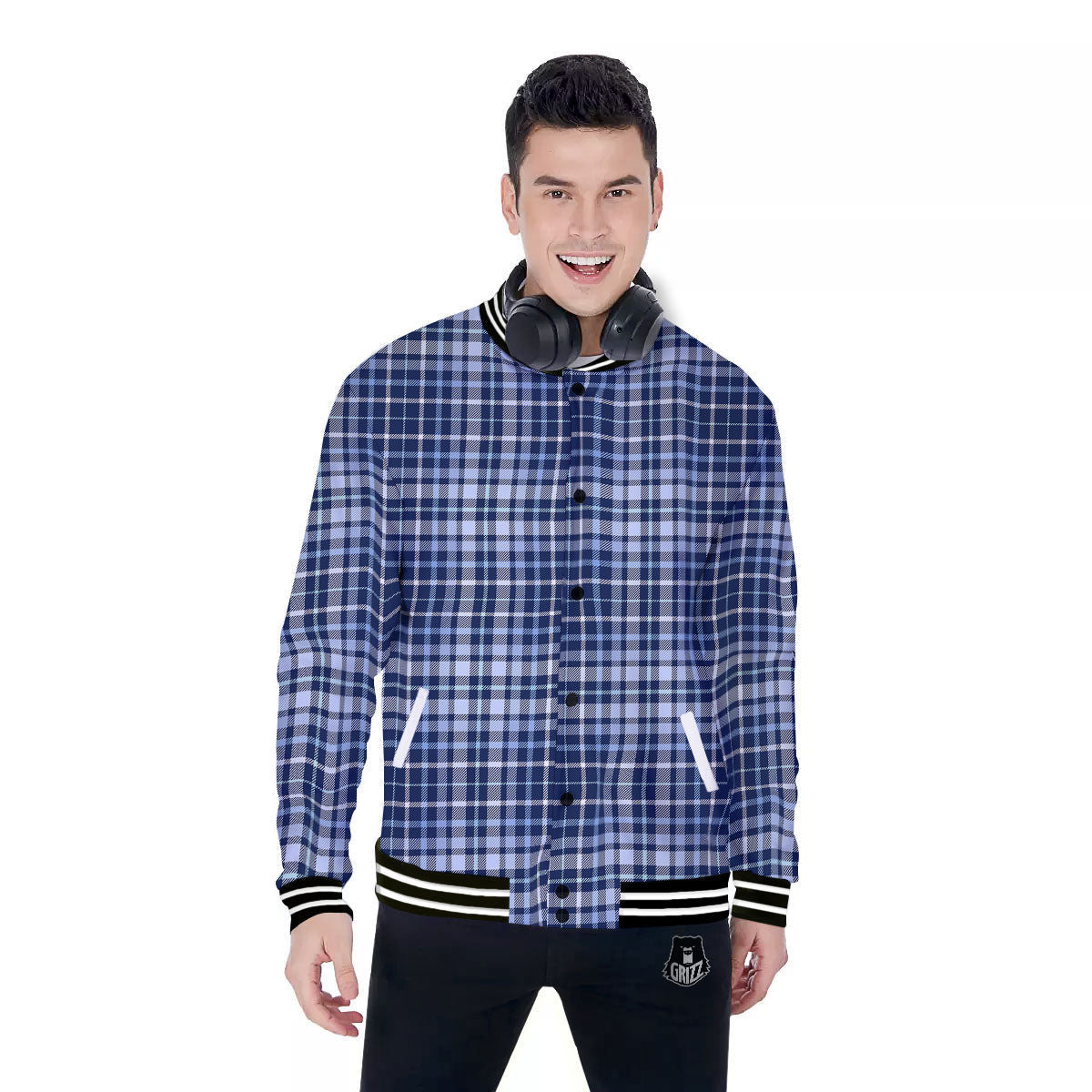Border Tartan Blue Print Pattern Baseball Jacket-grizzshop