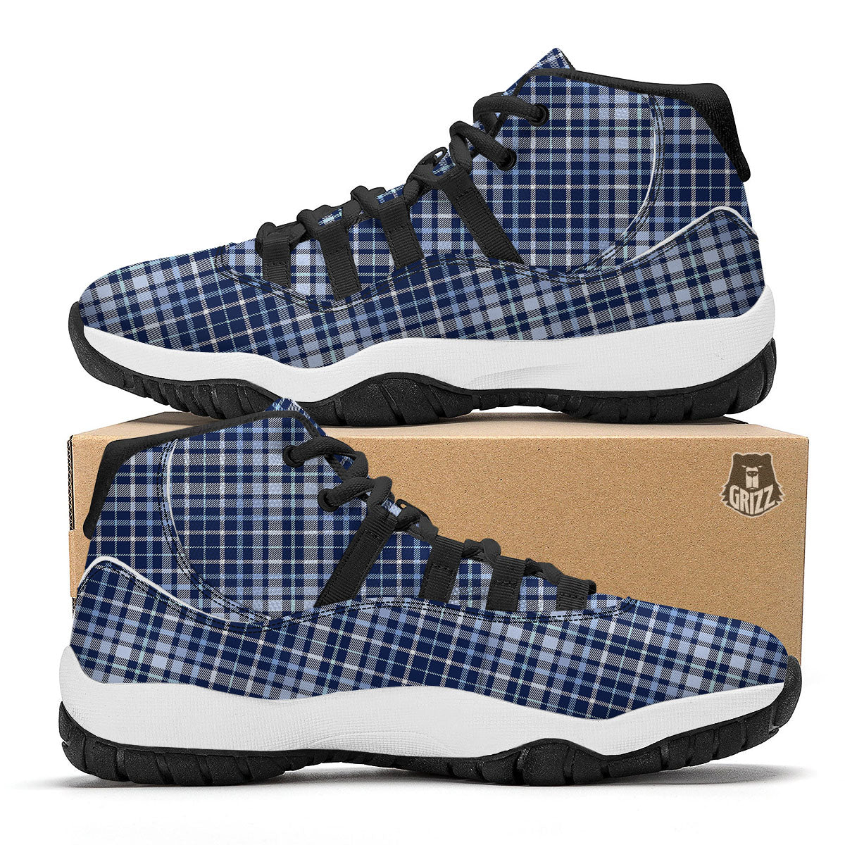Border Tartan Blue Print Pattern Black Bball Shoes-grizzshop