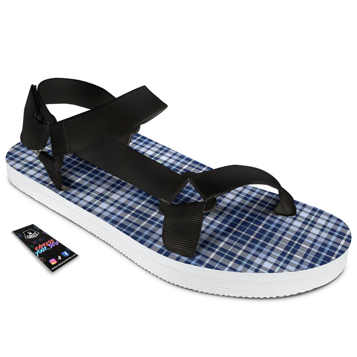 Border Tartan Blue Print Pattern Black Open Toe Sandals-grizzshop