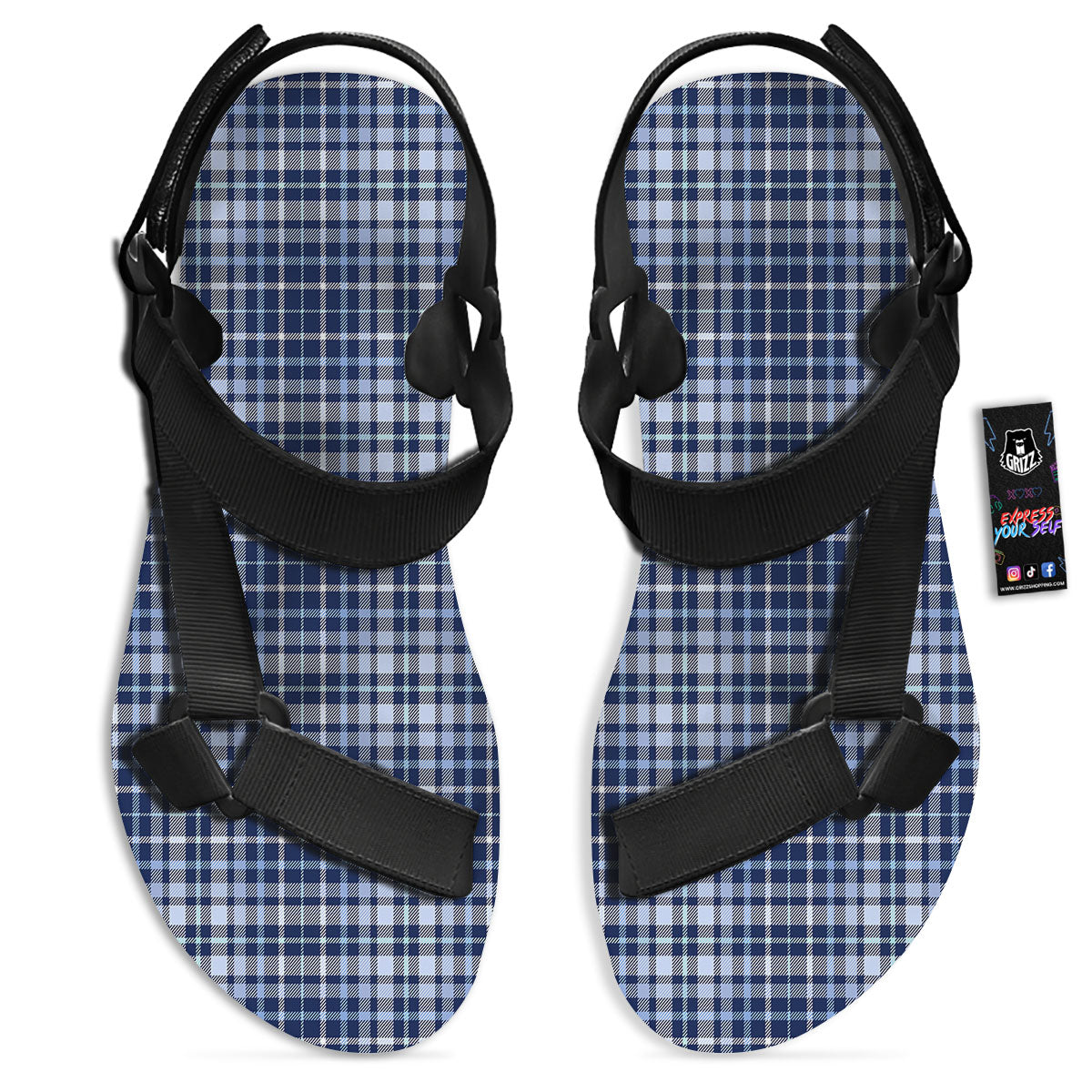 Border Tartan Blue Print Pattern Black Open Toe Sandals-grizzshop