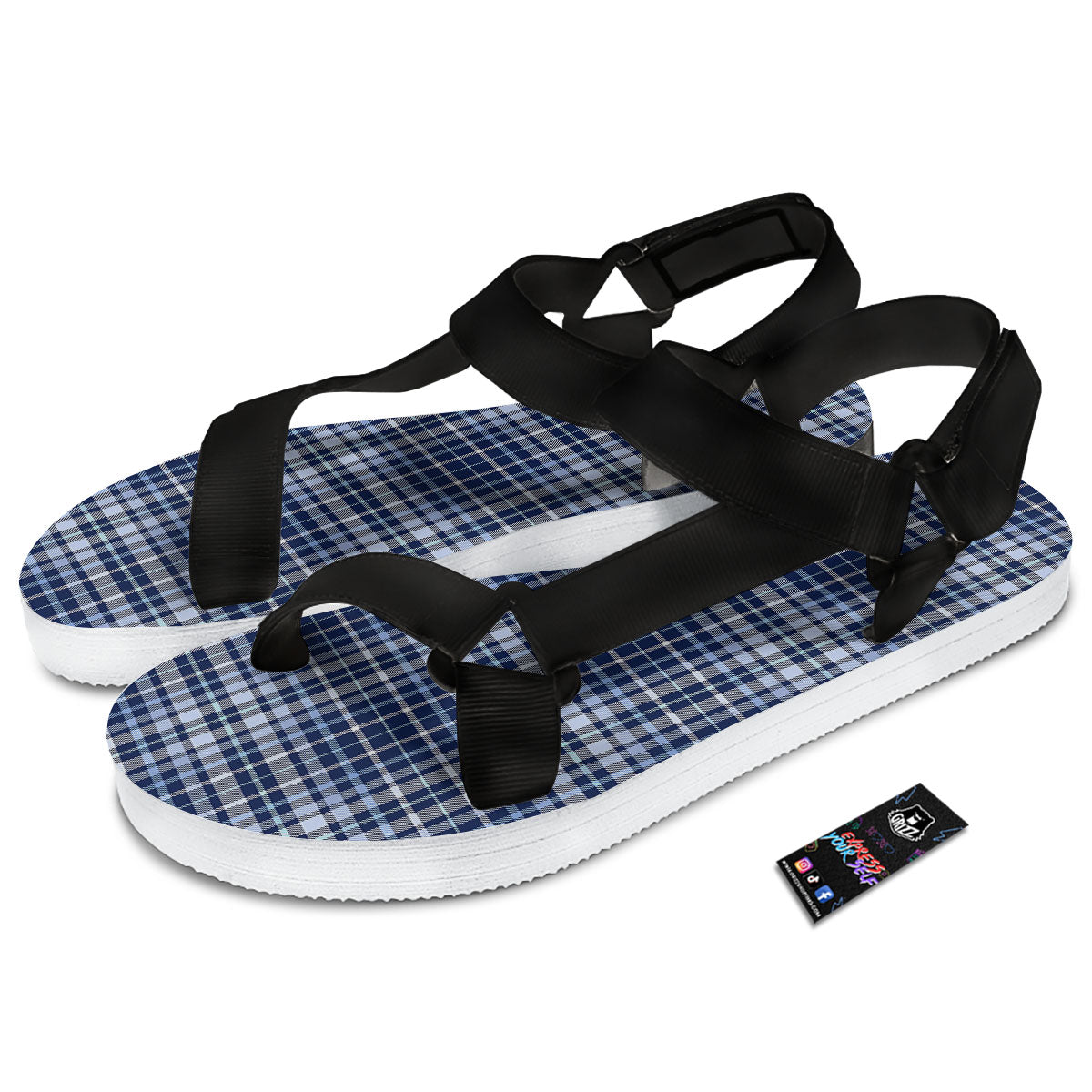 Border Tartan Blue Print Pattern Black Open Toe Sandals-grizzshop