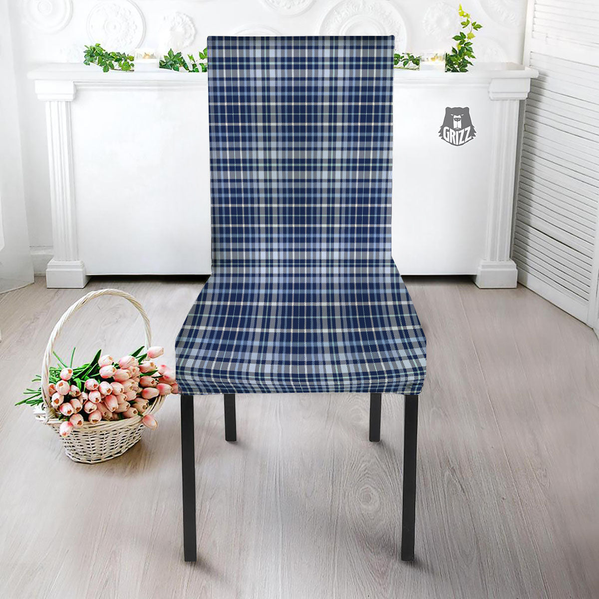 Border Tartan Blue Print Pattern Dining Chair Slipcover-grizzshop