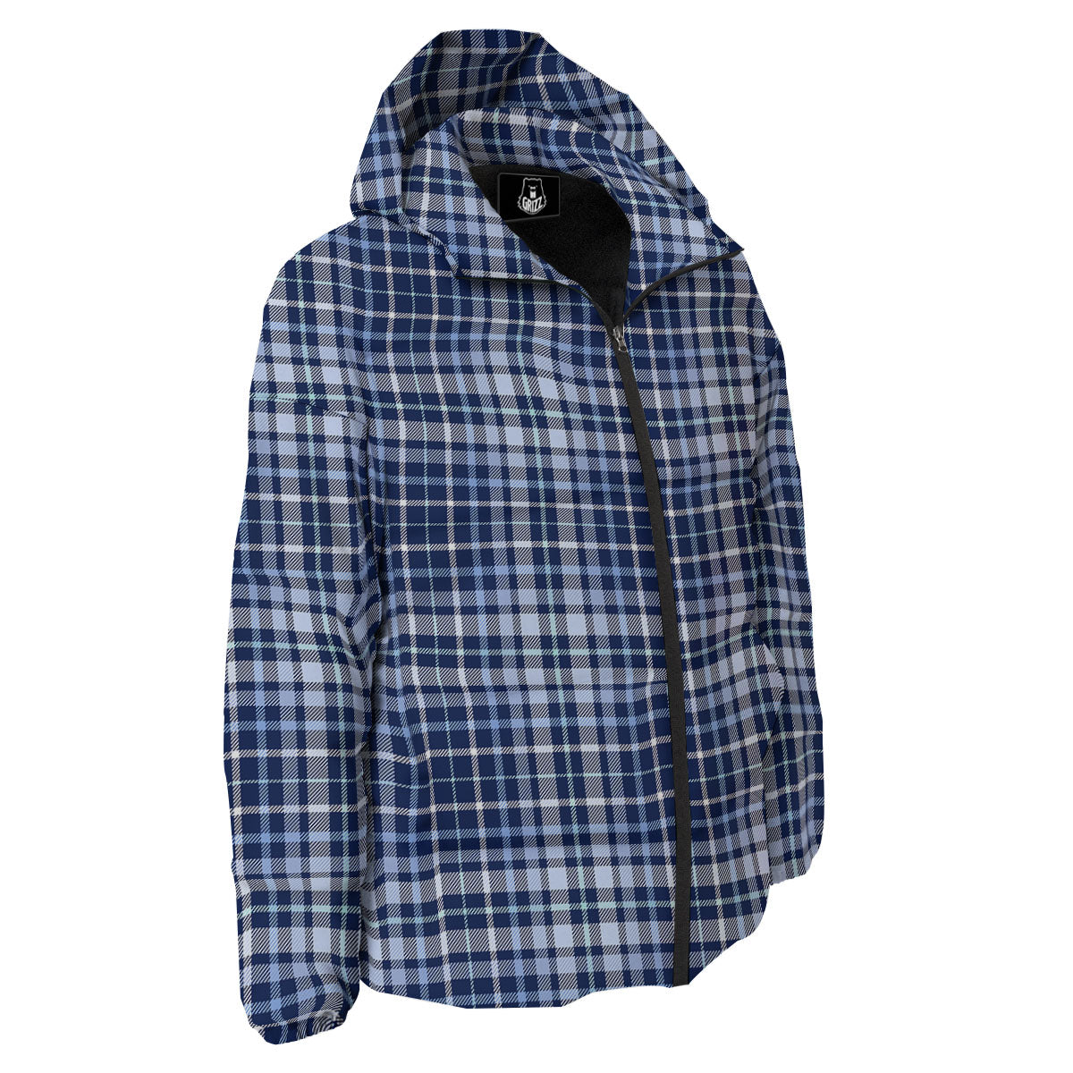 Border Tartan Blue Print Pattern Down Jacket-grizzshop