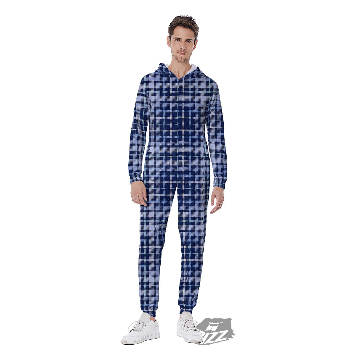Border Tartan Blue Print Pattern Men's Jumpsuit-grizzshop