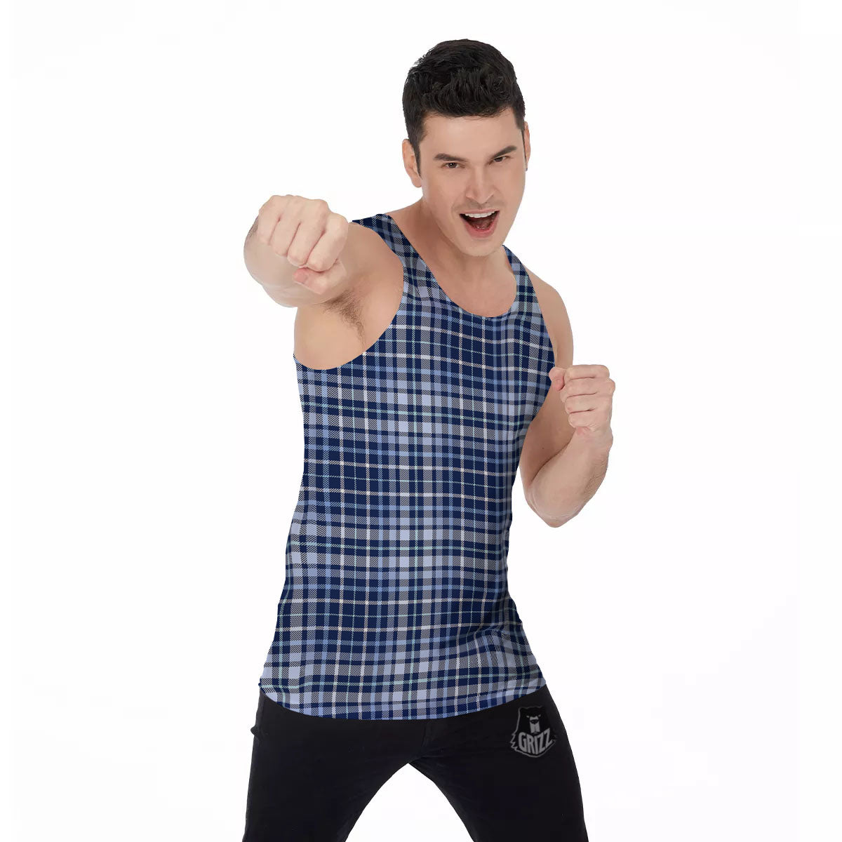 Border Tartan Blue Print Pattern Men's Tank Top-grizzshop