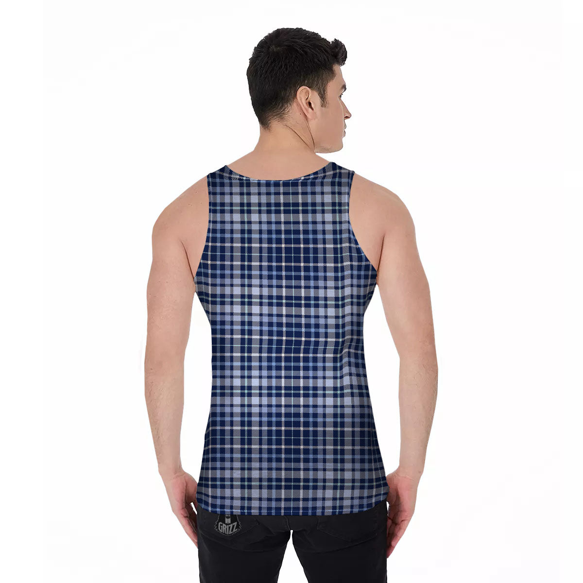 Border Tartan Blue Print Pattern Men's Tank Top-grizzshop