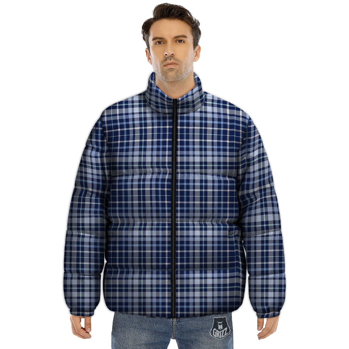 Border Tartan Blue Print Pattern Puffer Jacket-grizzshop